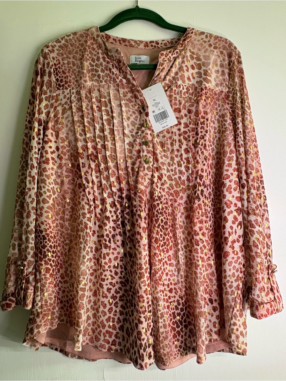 Kim Rogers Pink Leopard-Print Pleated Button-Front Tunic with Gold Accents